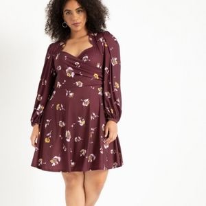 Eloquii Puff Sleeve Maroon Floral Sweetheart Mini Dress,16